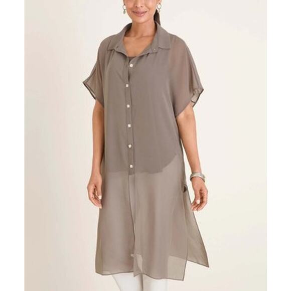 Chico's Tops - New Chico's Olive Gray Semi-sheer Tie-Front Button-Up Tunic - XS/S